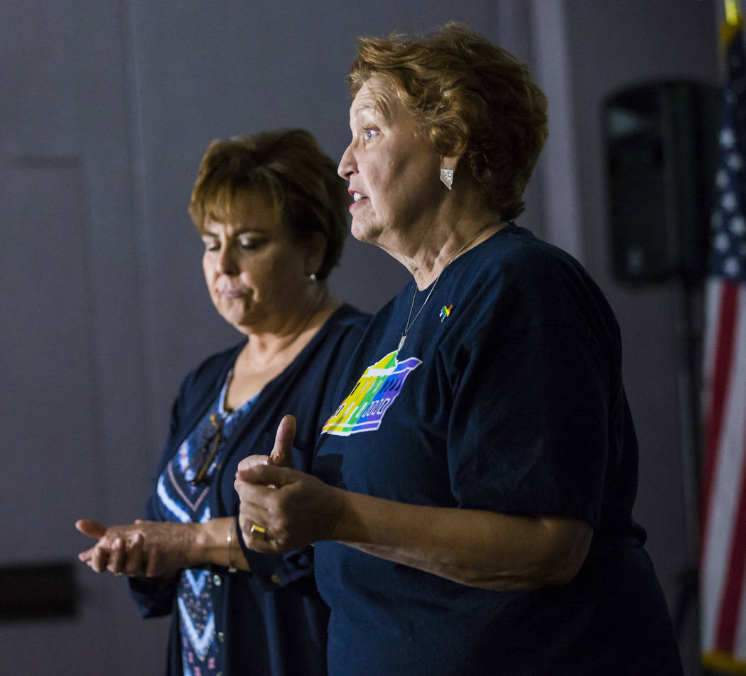 Donna West, chair of the Clark County Democratic Party, right, speaks alongside Marla Turner be ...