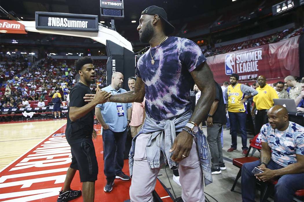 LeBron James at halftime as the Los Angeles Lakers play the Philadelphia 76ers in a basketball ...