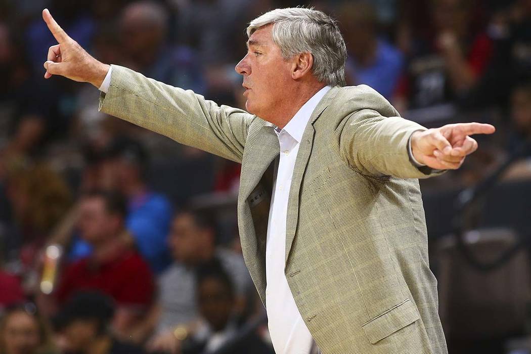 Las Vegas Aces head coach Bill Laimbeer during the first half of a WNBA basketball game at the ...