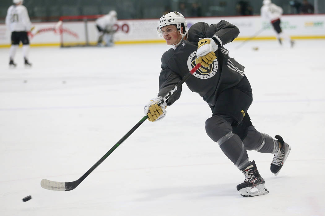 Vegas Golden Knights Ryder Donovan (47) takes a shot during development camp at City National A ...