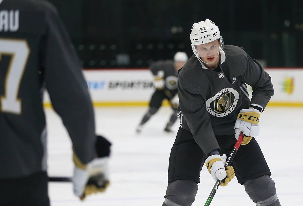 Vegas Golden Knights Ryder Donovan (47) participate in a drill during development camp at City ...
