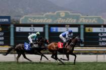 In this June 23, 2019 file photo Eddie Haskell, right, with jockey Kent Desormeaux aboard, win ...