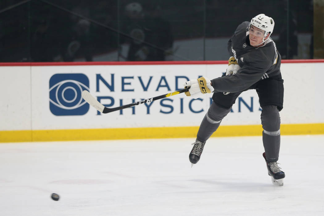 Vegas Golden Knights Mason Primeau (57) shoots the puck during development camp at City Nationa ...