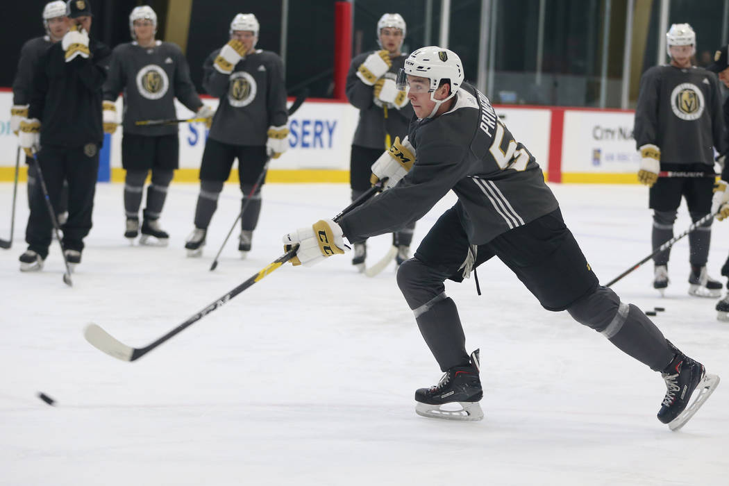Vegas Golden Knights Mason Primeau (57) shoots the puck during development camp at City Nationa ...