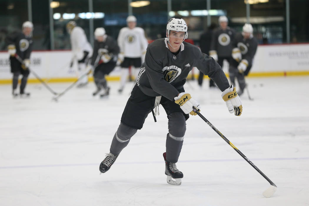 Vegas Golden Knights Mason Primeau (57) participates in a drill during development camp at City ...