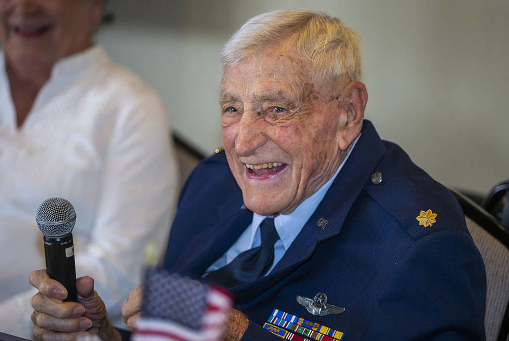 James "Jim" A. Parker speaks to invited guests as The Veterans Club of Sun City Aliante and the ...