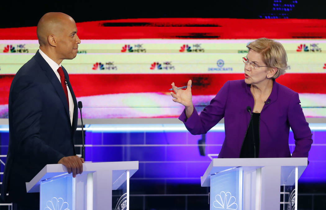 Democratic presidential candidate Sen. Elizabeth Warren, D-Mass., gestures towards New Jersey S ...