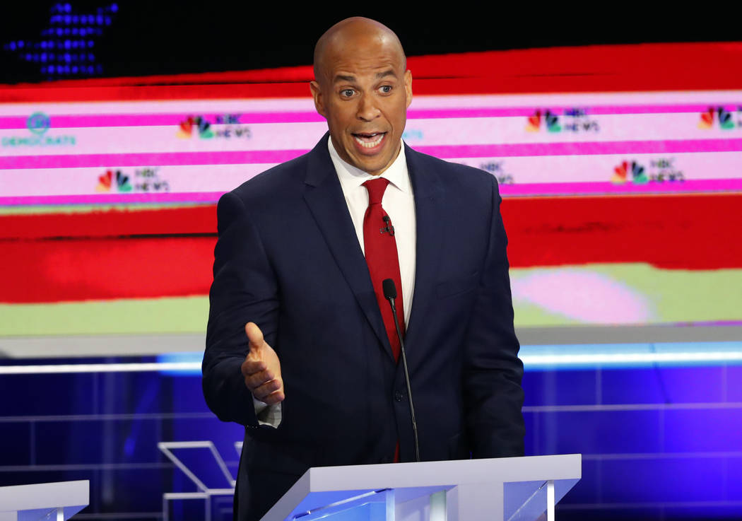 Democratic presidential candidate Sen. Cory Booker, D-N.J., speaks at a Democratic primary deba ...