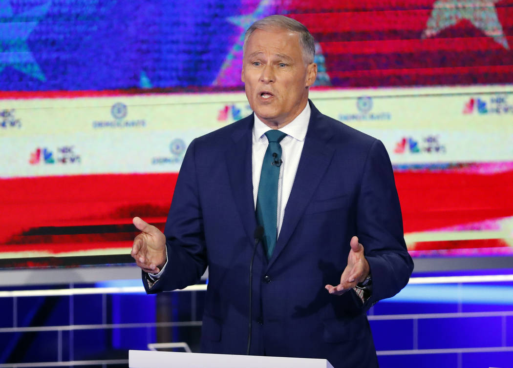 Democratic presidential candidate Washington Gov. Jay Inslee speaks during a Democratic primary ...