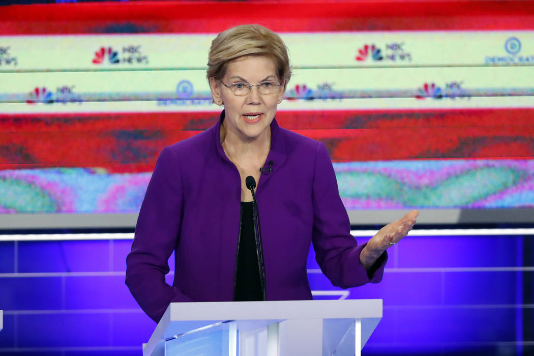 Democratic presidential candidate Sen. Elizabeth Warren, D-Mass., speaks during a Democratic pr ...