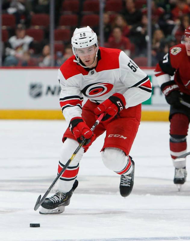 Carolina Hurricanes center Nicolas Roy (58) during an NHL hockey game against the Arizona Coyot ...