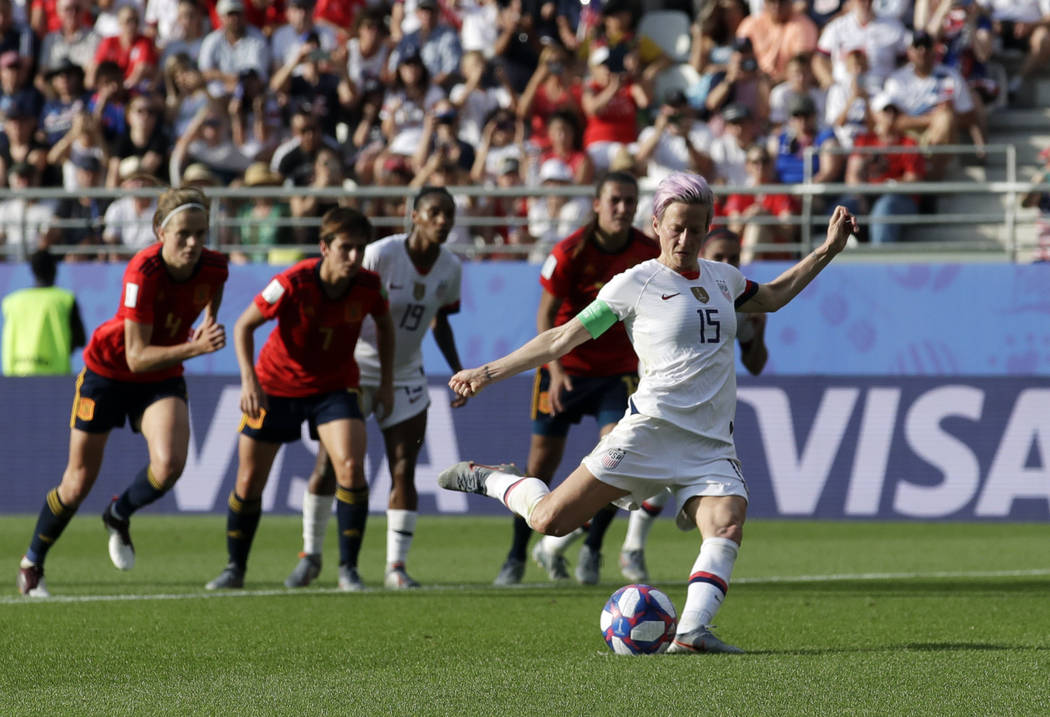 United States' Megan Rapinoe scores her side's second goal from a penalty spot during the Women ...