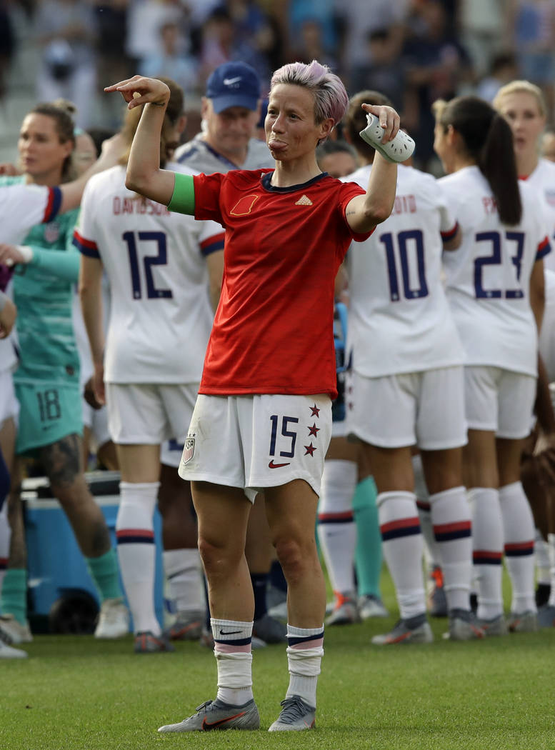 United States' Megan Rapinoe celebrates at the end of the Women's World Cup round of 16 soccer ...