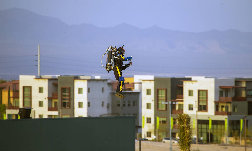 The Aviator jets into the stadium before the Las Vegas Aviators home opener on Tuesday, April 9 ...