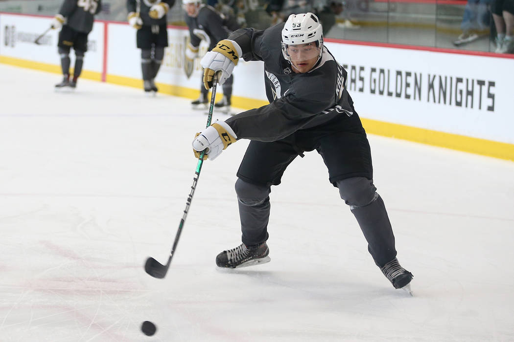 Vegas Golden Knights Marcus Kallionkieli (53) shoots the puck during development camp at City N ...