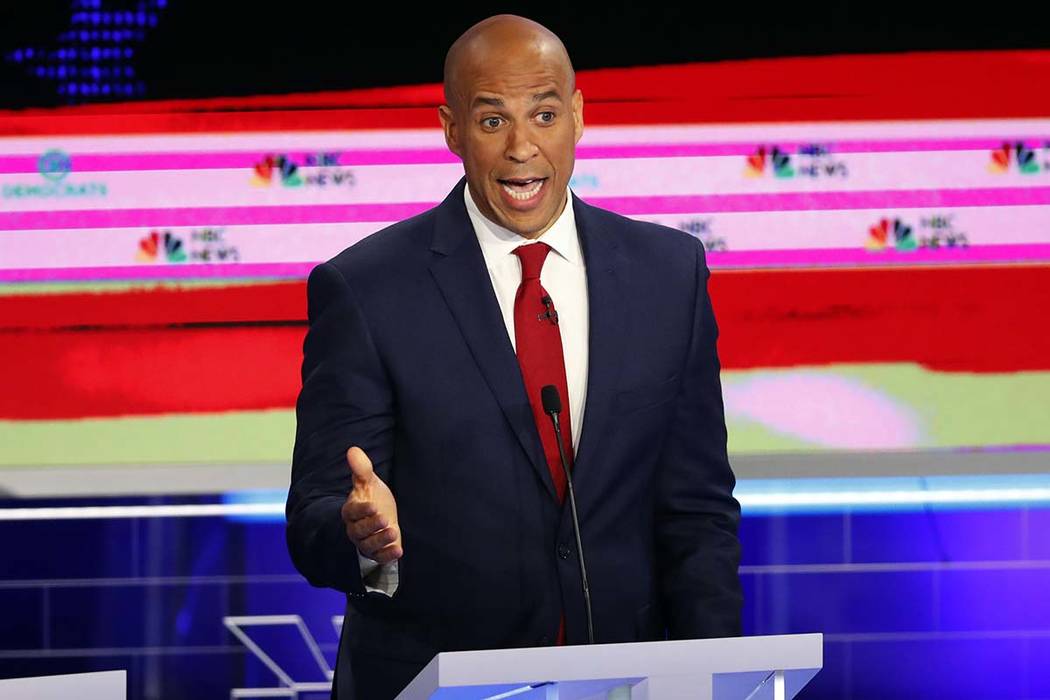 Democratic presidential candidate Sen. Cory Booker, D-N.J., speaks at a Democratic primary deba ...