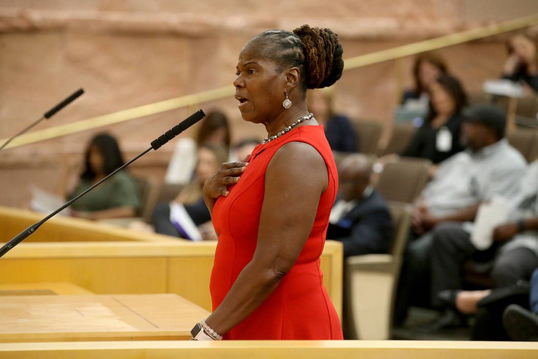 Cram Middle School Dean Dr. JoAnn Cason speaks during a Clark County School Board meeting at th ...