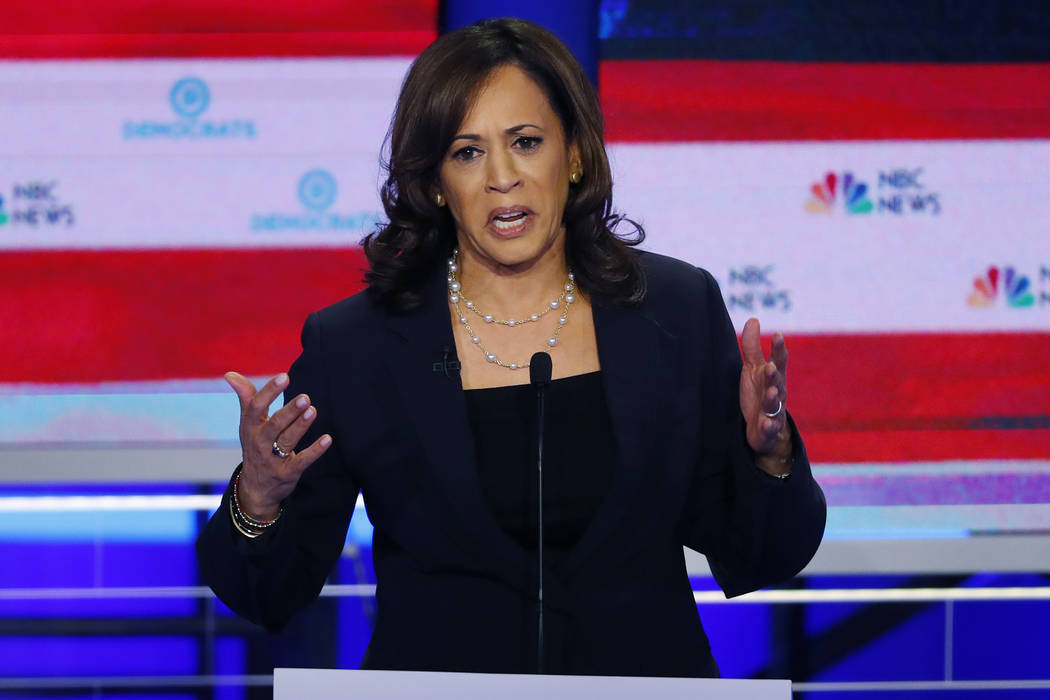 Democratic presidential candidate Sen. Kamala Harris, D-Calif., speaks during the Democratic pr ...