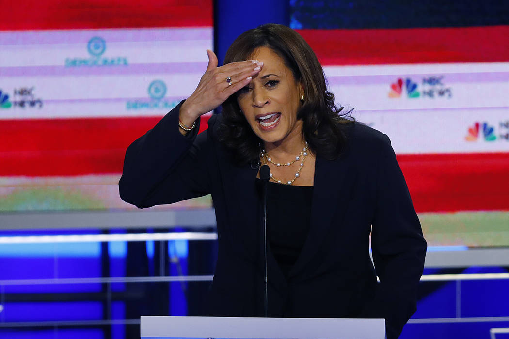 Democratic presidential candidate Sen. Kamala Harris, D-Calif., gestures during the Democratic ...