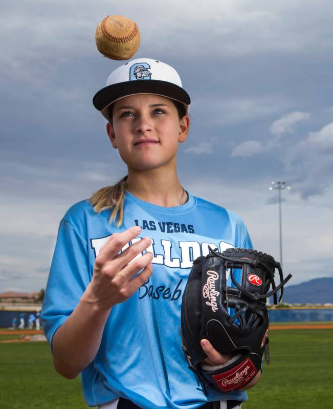 Centennial sophomore Denae Benites on the baseball field at Centennial High School in Las Vegas ...