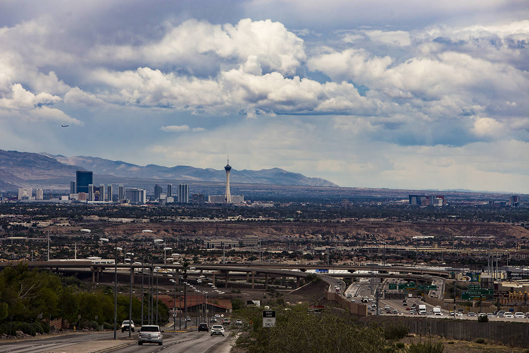 A view from Henderson of the north end of the Strip and downtown with cloud cover, Wednesday, M ...
