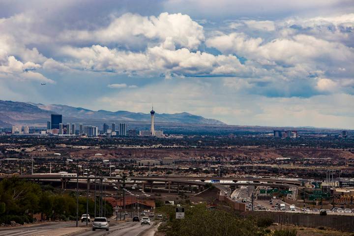 A view from Henderson of the north end of the Strip and downtown with cloud cover, Wednesday, M ...