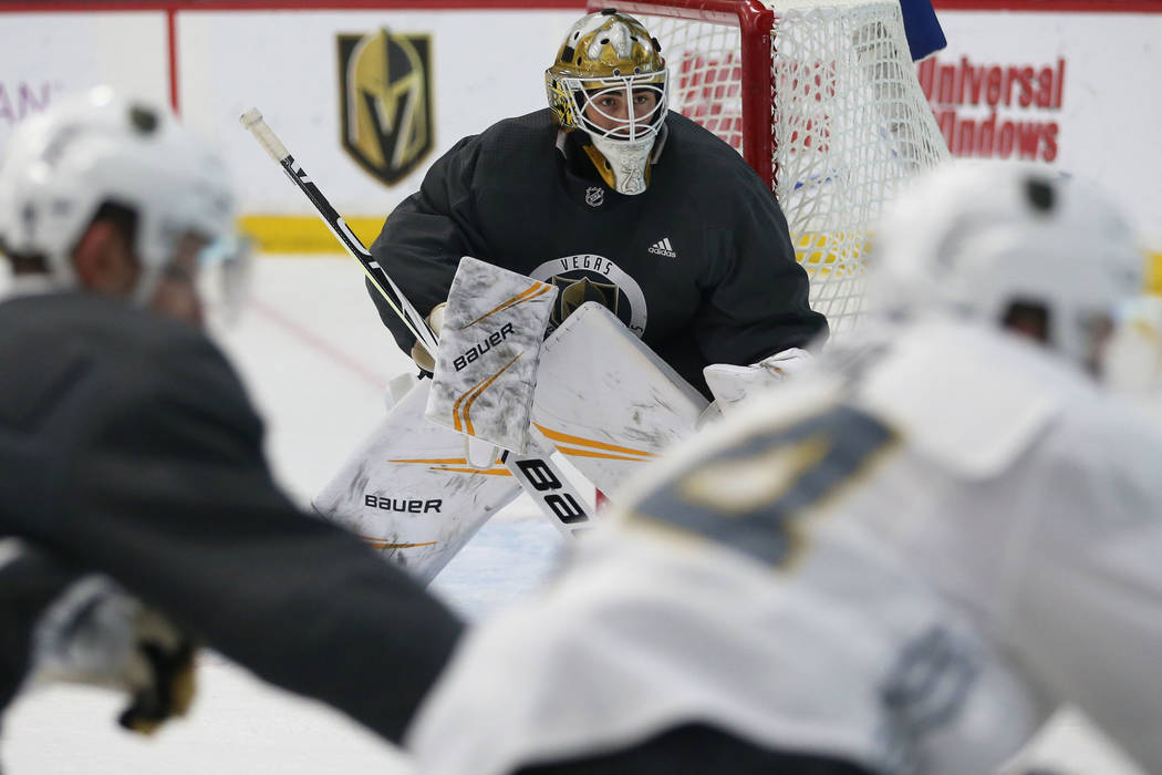 Vegas Golden Knights goaltender Jiri Patera (32) during a development camp scrimmage at City Na ...