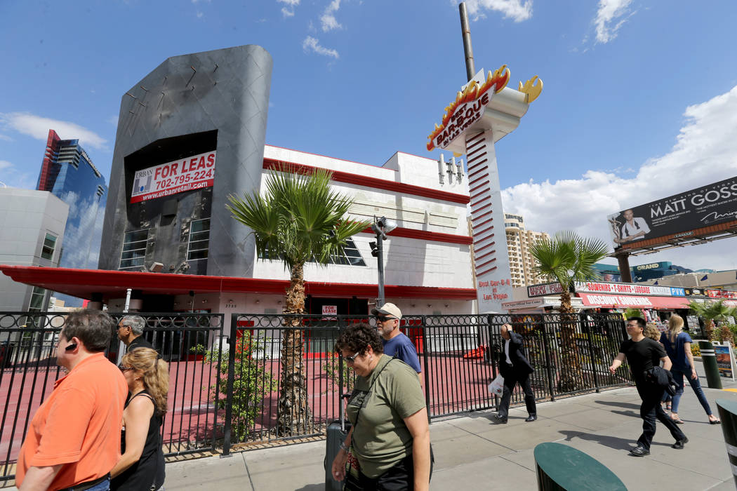 People walk on the Strip near Harmon Avenue past a 16-acre piece of property that includes the ...