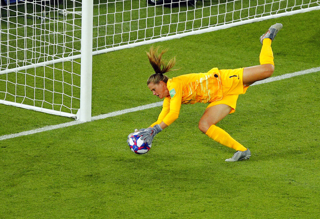 United States goalkeeper Alyssa Naeher makes a save during the Women's World Cup quarterfinal s ...