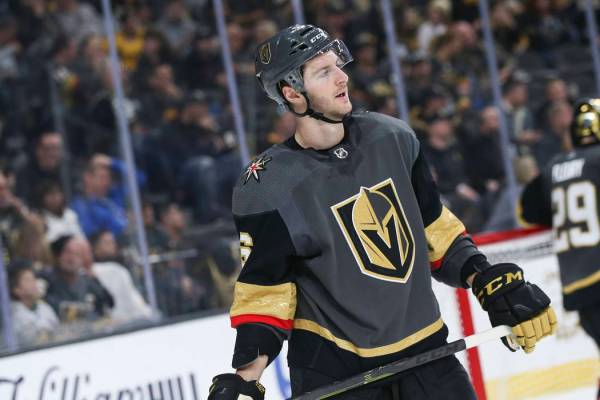 Golden Knights defenseman Colin Miller (6) looks on during the second period of an NHL hockey g ...