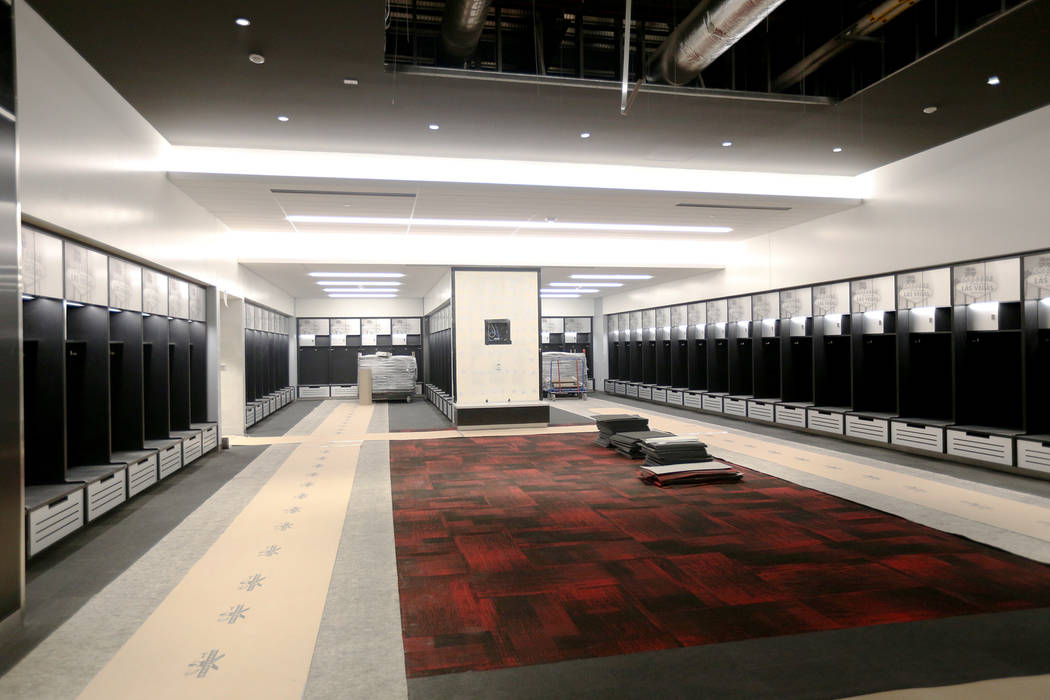 The locker room at the new UNLV Fertitta Football Complex, still under construction, in Las Veg ...