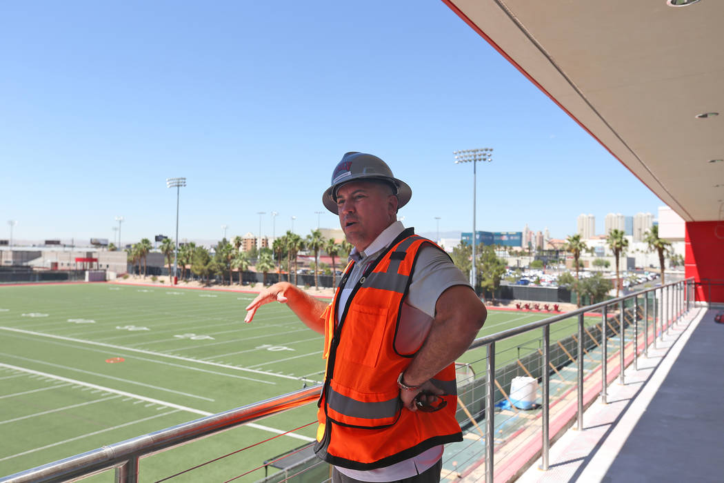 Coach Tony Sanchez leads a tour for the Review-Journal at the new UNLV Fertitta Football Comple ...