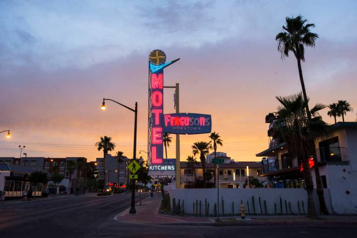 A view of Fergusons Downtown along Fremont Street as the sun sets in Las Vegas on Saturday, Jun ...