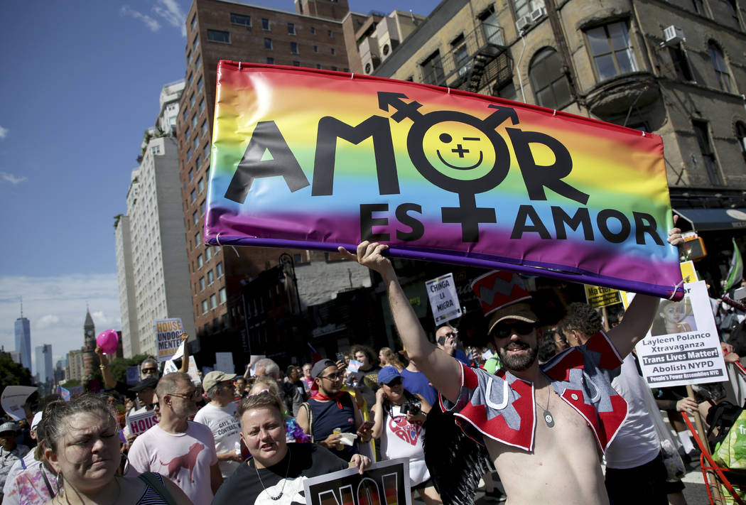 Marchers participate in the Queer Liberation March in New York, Sunday, June 30, 2019. New York ...