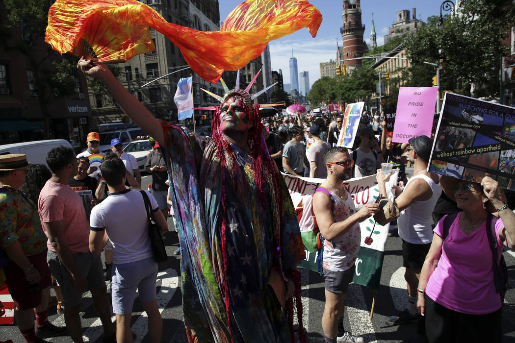 Marchers participate in the Queer Liberation March in New York, Sunday, June 30, 2019. (AP Phot ...