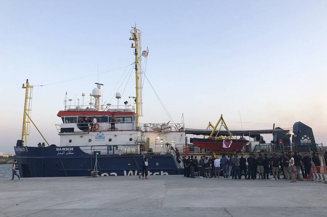 The Dutch-flagged Sea-Watch 3 ship is moored at the Lampedusa harbor Saturday, June 29, 2019. F ...