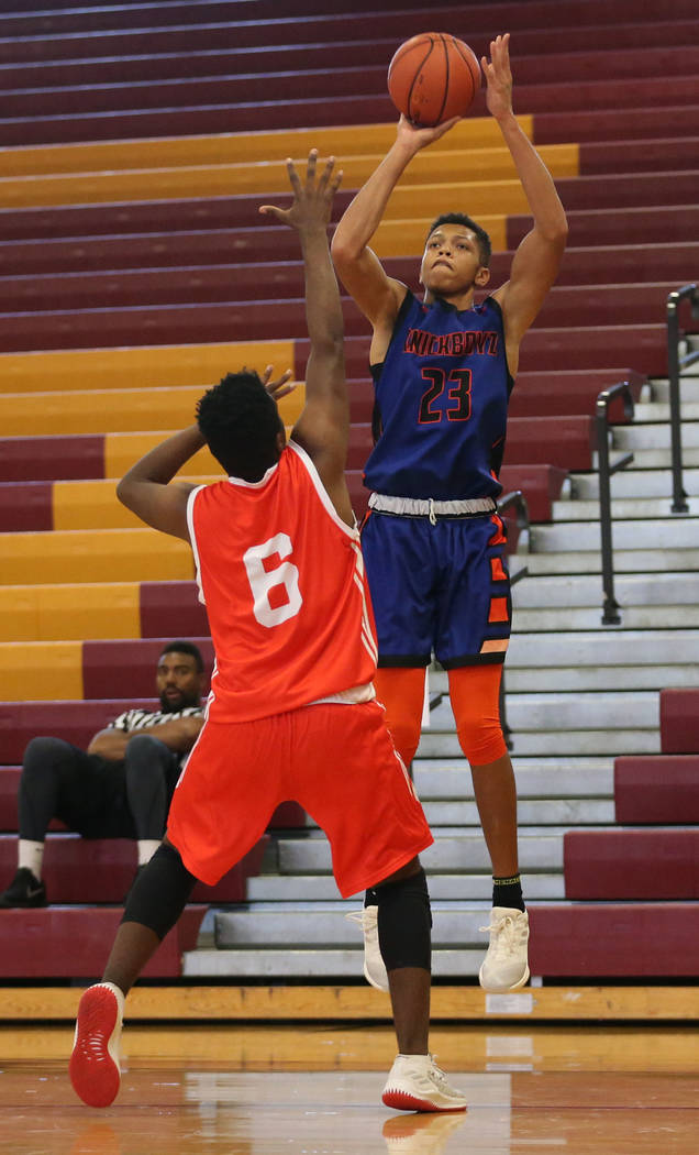 Las Vegas Knicks guard Nick Blake (23) takes a shot during his basketball game at Del Sol Ac ...