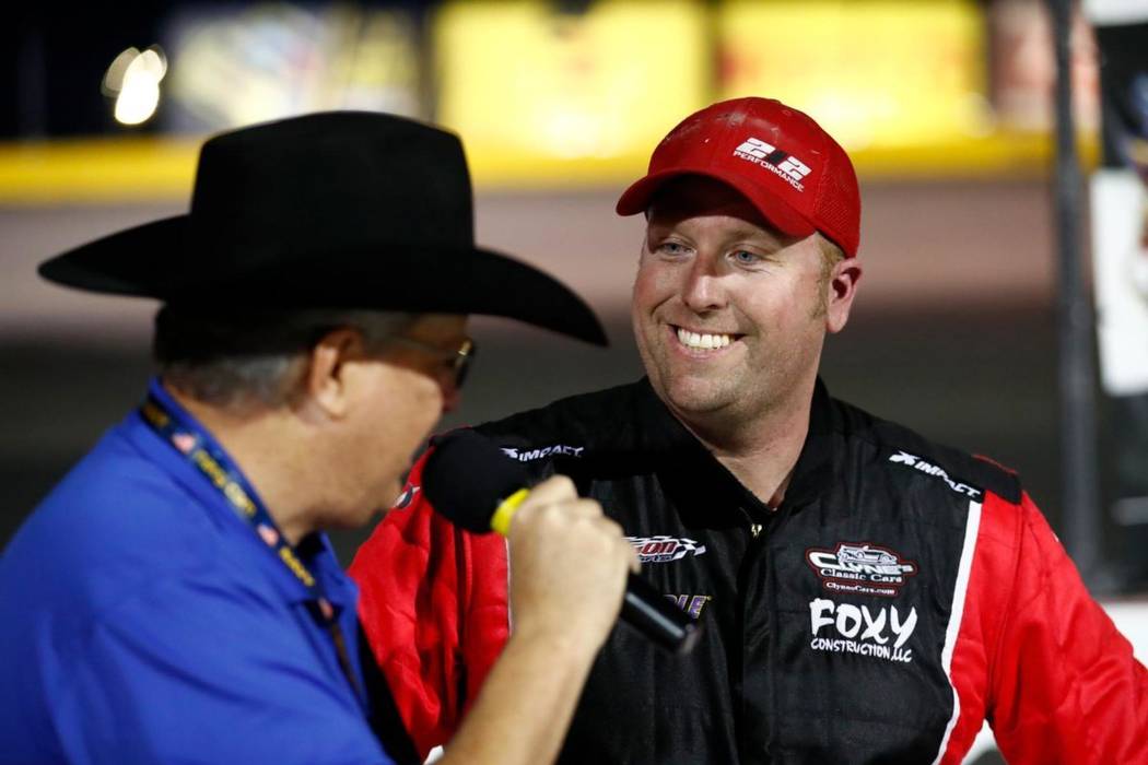 Chris Clyne, right, is interviewed after a recent Super Late Models victory at the Bullring at ...