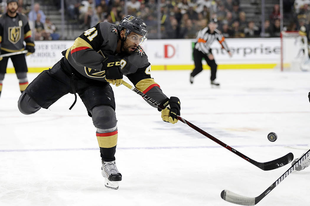 Vegas Golden Knights center Pierre-Edouard Bellemare (41) shoots against the San Jose Sharks du ...