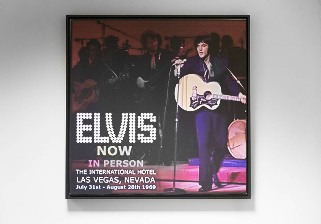 A framed ad for an Elvis Presley show at the International Hotel in 1969 hangs on the wall in t ...