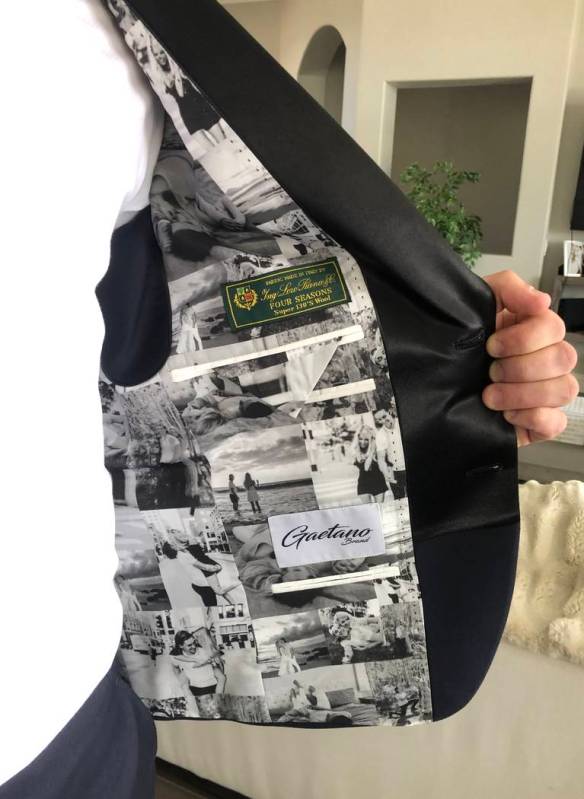 Erik Haula shows off the customized lining of the suit jacket he wore for his wedding to Kriste ...