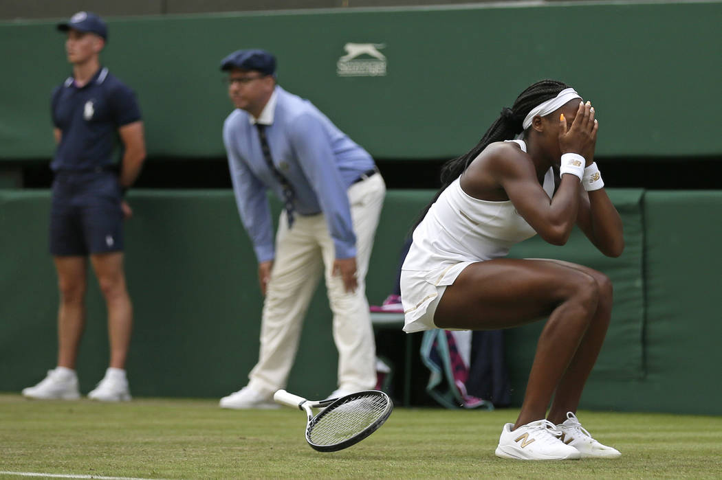 United States' Cori "Coco" Gauff reacts after beating United States's Venus Williams ...