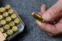 In a photo taken une 11, 2019, Chris Puehse, owner of Foothill Ammo displays a .45 caliber bull ...