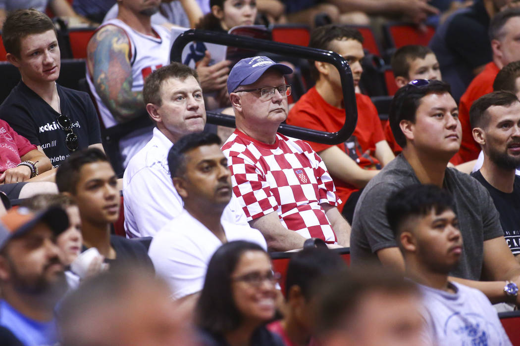 Croatia fans Milan Grcevic, center left, and Nikola Cvitkovic, center right, watch a basketball ...