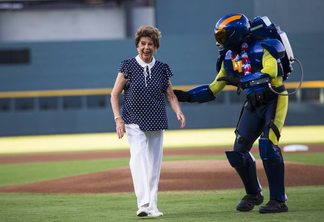 before the start of a baseball game against the Reno Aces at the Las Vegas Ballpark in the Down ...