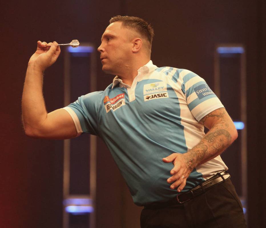 Gerwyn Price takes aim during the 2019 Dafabet US Darts Masters at Mandalay Bay on July 4, 2019 ...