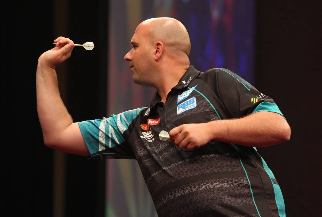 Rob Cross takes aim during the 2019 Dafabet US Darts Masters at Mandalay Bay on July 4, 2019 in ...