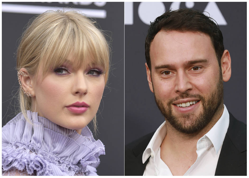 This combination photo shows Taylor Swift at the Billboard Music Awards at the MGM Grand Garden ...