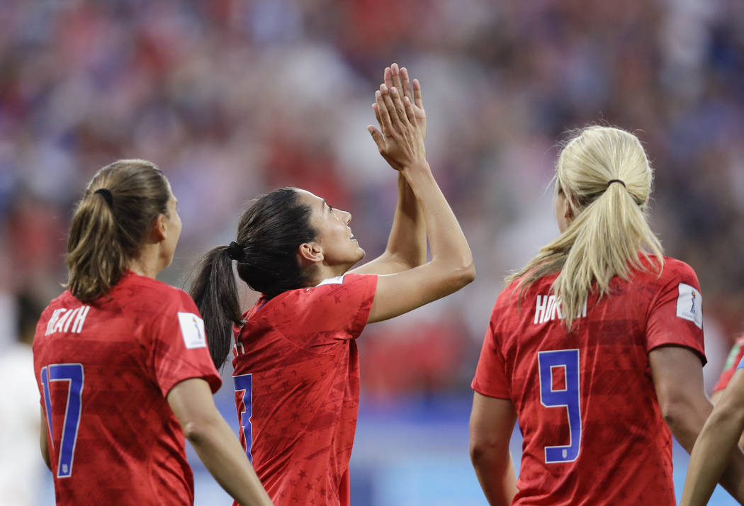 United States' Christen Press celebrates after scoring her side's first goal during the Women's ...