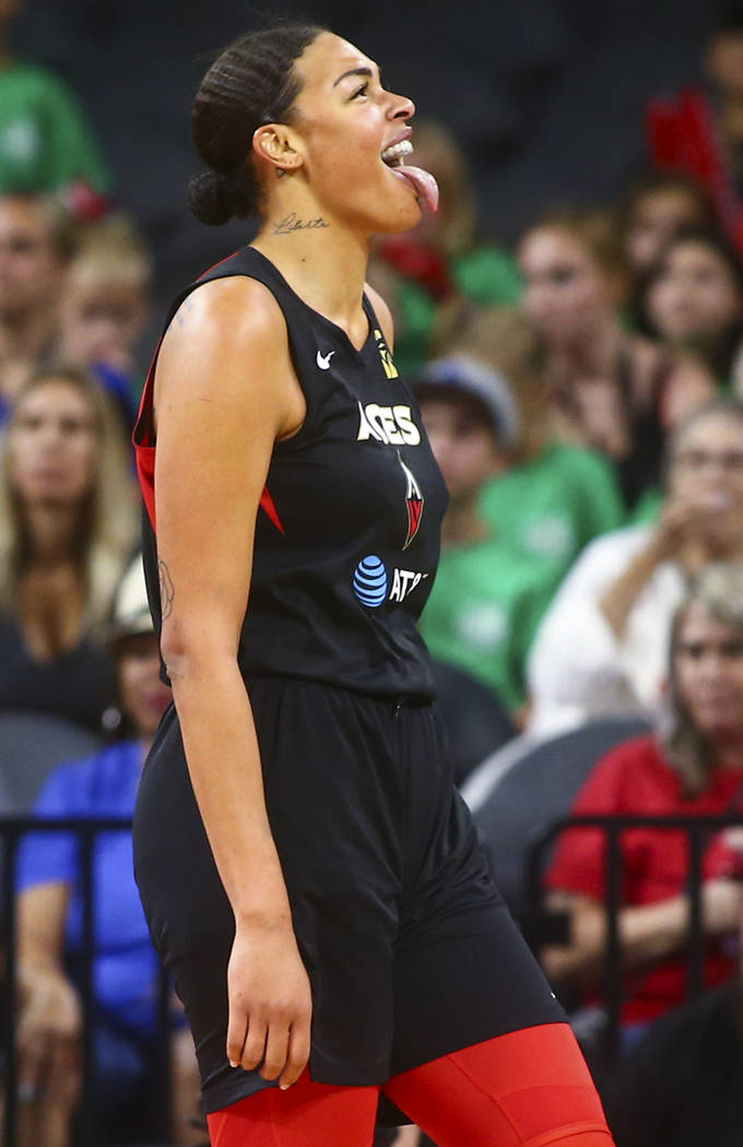 Las Vegas Aces' Liz Cambage reacts after fouling a Chicago Sky player during the second half of ...